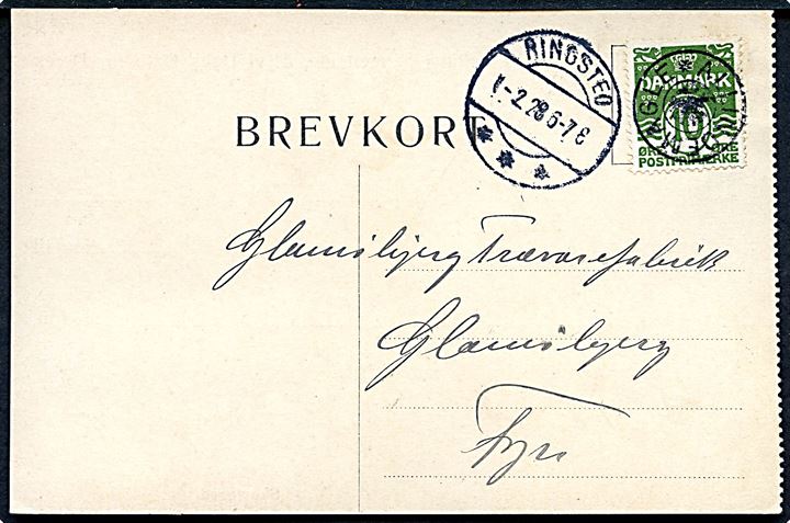 10 øre Bølgelinie på brevkort annulleret med stjernestempel ALLINDEMAGLE og sidestemplet Ringsted d. 1.2.1928 til Glamsbjerg.