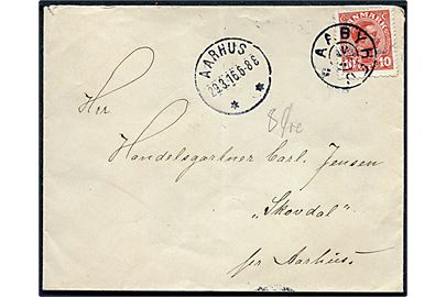 10 øre Chr. X på brev annulleret med stjernestempel AABYHØJ og sidestemplet Aarhus d. 29.3.1916 til Aarhus. Fold i mærke.