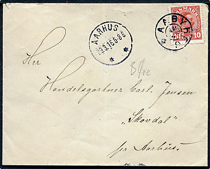 10 øre Chr. X på brev annulleret med stjernestempel AABYHØJ og sidestemplet Aarhus d. 29.3.1916 til Aarhus. Fold i mærke.