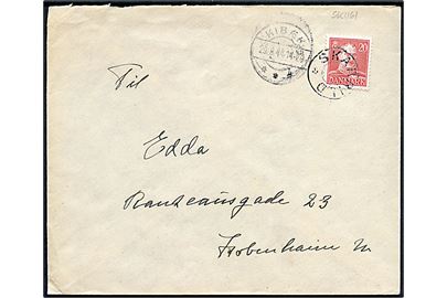 20 øre Chr. X på brev annulleret med udslebet stjernestempel SKARRILD og sidestemplet Kibæk d. 29.8.1944 til København.