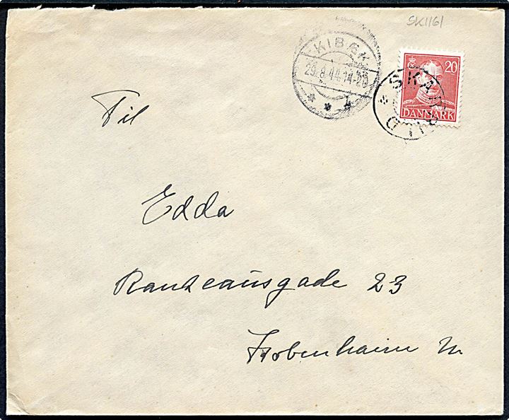 20 øre Chr. X på brev annulleret med udslebet stjernestempel SKARRILD og sidestemplet Kibæk d. 29.8.1944 til København.