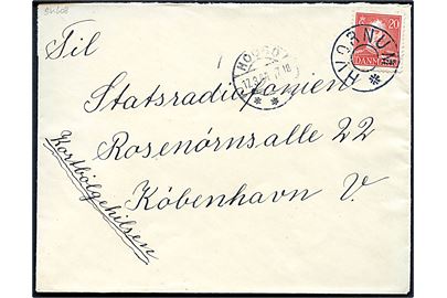 20 øre Chr. X på brev annulleret med udslebet stjernestempel HVORNUM og sidestemplet Hobro d. 17.3.1944 til Statsradiofonien i København. Påskrevet Kortbølgehilsen.