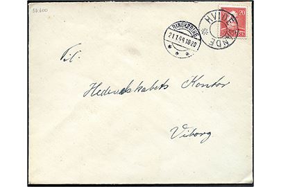 20 øre Chr. X på brev annulleret med udslebet stjernestempel HVIDE SANDE og sidestemplet Ringkøbing d. 21.1.1944 til Viborg.