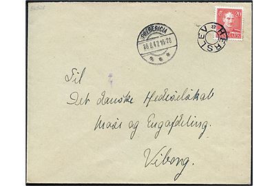 20 øre Chr. X på brev annulleret med udslebet stjernestempel HERSLEV og sidestemplet Fredericia d. 28.8.1947 til Viborg.