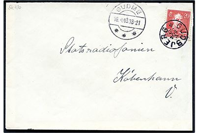 20 øre Chr. X på brev annulleret med stjernestempel GUDBJERG og sidestemplet Gudme d. 16.4.1943 til København.