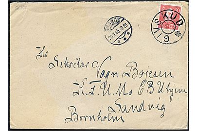 20 øre Chr. X på brev annulleret med udslebet stjernestempel GIVSKUD og sidestemplet Brande d. 20.9.1945 til K.F.U.M.'s CBU-Hjem i Sandvig på Bornholm. 
