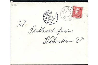 20 øre Chr. X på brev annulleret med udslebet stjernestempel GANLØSE og sidestemplet Maaløv d. 2.4.1943 til København.