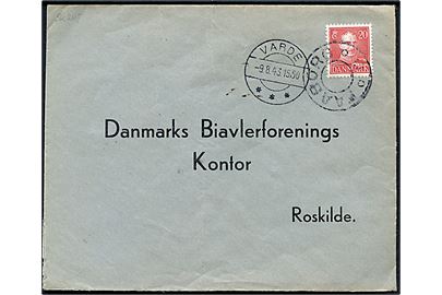 20 øre Chr. X på brev annulleret med udslebet stjernestempel FAABORG og sidestemplet Varde d. 9.8.1943 til Roskilde.