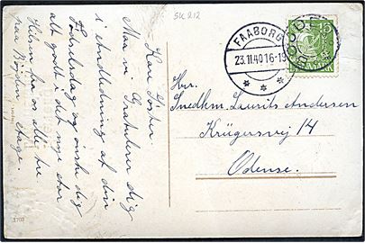 15 øre Karavel på brevkort annulleret med udslebet stjernestempel BØJDEN og sidestemplet Faaborg d. 23.11.1940 til Odense.
