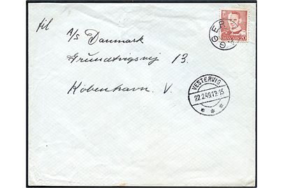 20 øre Fr. IX på brev annulleret med udslebet stjernestempel AGGER og sidestemplet Vestervig d. 22.2.1949 til København.