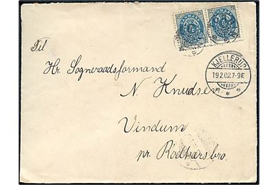 4 øre Tofarvet omv. rm. i parstykke på brev annulleret med stjernestempel TORNING og sidestemplet Kjellerup d. 19.2.1902 til Vindum pr. Rødkjærsbro.