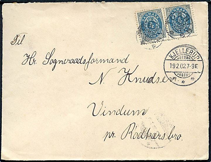 4 øre Tofarvet omv. rm. i parstykke på brev annulleret med stjernestempel TORNING og sidestemplet Kjellerup d. 19.2.1902 til Vindum pr. Rødkjærsbro.