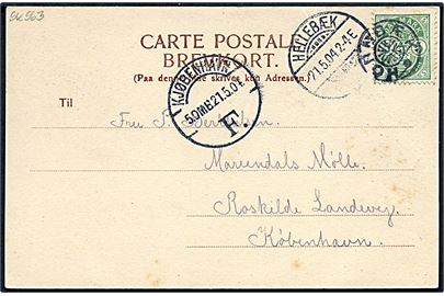 5 øre Våben på brevkort annulleret med stjernestempel HORNBÆK og sidestemplet Hellebæk d. 21.5.1904 til Kjøbenhavn.