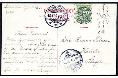 5 øre Våben på brevkort annulleret med stjernestempel JYDSTRUP og sidestemplet Ringsted d. 18.7.1906 til Hallelev pr. Slagelse.
