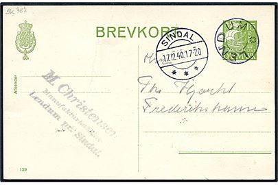 15 øre Karavel helsagsbrevkort (fabr. 139) annulleret med udslebet stjernestempel LENDUM og sidestemplet Sindal d. 17.12.1940 til Frederikshavn.