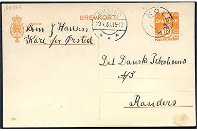 10 øre helsagsbrevkort (fabr. 115) annulleret med udslebet stjernestempel HOLBÆK og sidestemplet Ørsted d. 19.7.1935 til Randers.