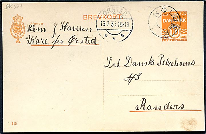 10 øre helsagsbrevkort (fabr. 115) annulleret med udslebet stjernestempel HOLBÆK og sidestemplet Ørsted d. 19.7.1935 til Randers.