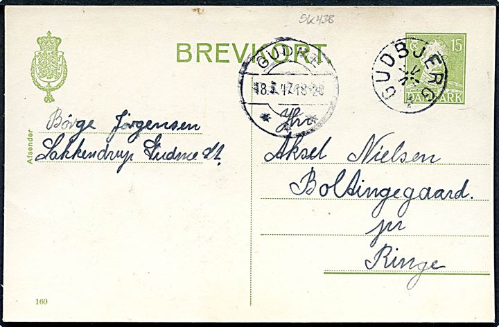 15 øre Chr. X helsagsbrevkort (fabr. 160) annulleret med stjernestempel GUDBJERG og sidestemplet Gudme d. 18.3.1947 til Boltingegaard pr. Ringe.