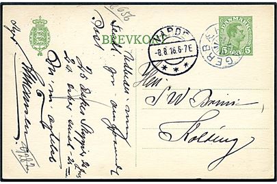 5 øre Chr. X helsagsbrevkort annulleret med stjernestempel AGERBÆK og sidestemplet Varde d. 8.8.1916 til Kolding.