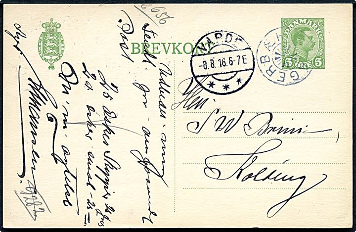 5 øre Chr. X helsagsbrevkort annulleret med stjernestempel AGERBÆK og sidestemplet Varde d. 8.8.1916 til Kolding.