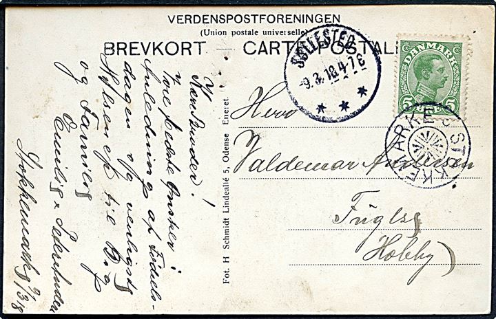 5 øre Chr. X på brevkort Stokkemarke Alderdomshjem) annulleret med stjernestempel STOKKEMARKE og sidestemplet Søllested d. 9.3.1918 til Holeby.