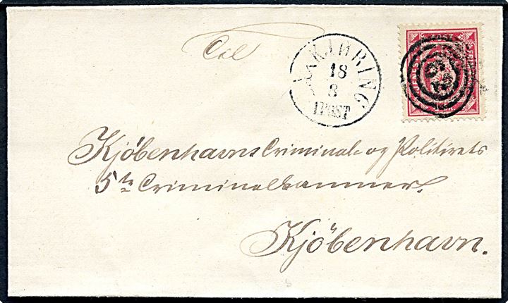 4 sk. Tjenestemærke på brev annulleret med nr.stempel 62 og sidestemplet antiqua Saxkjøbing d. 18.8.187x til Kjøbenhavn.