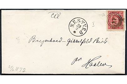 4 sk. Tjenestemærke på brev annulleret med nr.stempel 44 og sidestemplet antiqua Nestevd d. 24.2.1872 til Bregentved-Gisselfeld Birk pr. Haslev.