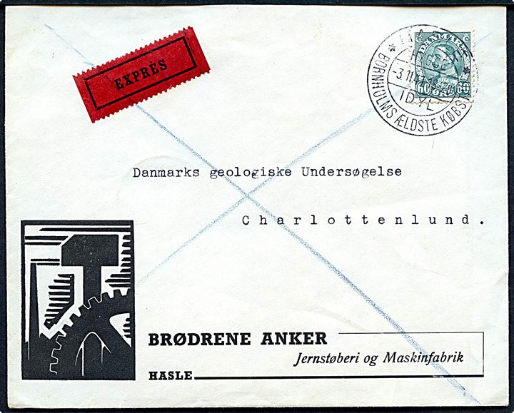 60 øre Chr. X single på illustreret firmakuvert fra Brødrene Anker Jernstøberi og Maskinfabrik sendt ekspres fra Hasle d. 3.11.1941 til Charlottenlund. Ank.stemplet i Charlottenlund d. 4.11.1941.