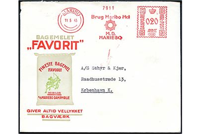 20 øre firmafranko Brug Maribo Mel på illustreret firmakuvert Bagemelet Favorit fra Maribo d. 11.5.1945 til København.