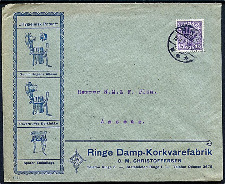 15 øre Chr. X på illustreret firmakuvert fra Rimge Damp-Korkvarefabrik stemplet Ringe d. 15.1.1920 til Assens.