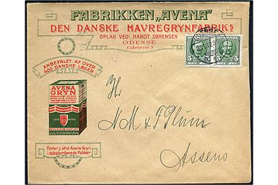 5 øre Fr. VIII i parstykke på illustreret firmakuvert fra Fabrikken Avena i Odense d. 26.1.1912 til Assens.