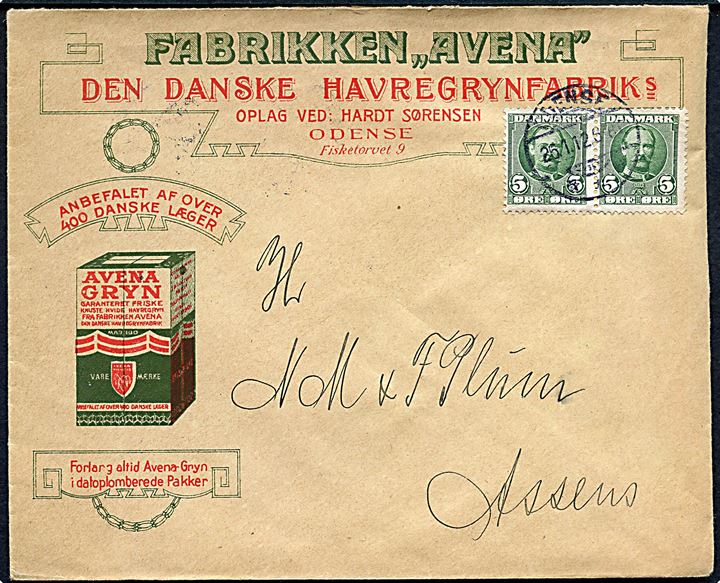5 øre Fr. VIII i parstykke på illustreret firmakuvert fra Fabrikken Avena i Odense d. 26.1.1912 til Assens.