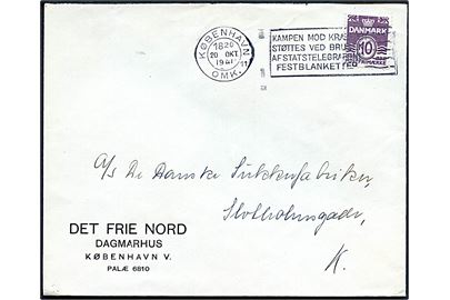 10 øre Bølgelinie på fortrykt kuvert fra Det Frie Nord, Dagmarhus sendt lokalt i København d. 20.10.1941.