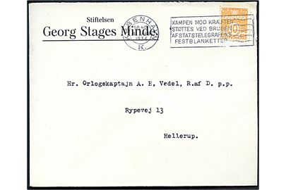 10 øre Bølgelinie på fortrykt kuvert fra Stiftelsen Georg Stages Minde sendt lokalt i København d. 4.4.1934 til Orlogskaptajn A. H. Vedel i Hellerup.