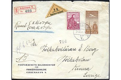 5 øre Thorvaldsen og 1 kr. Luftpost på anbefalet brev med postopkrævning fra København d. 24.11.1939 til Kiruna, Sverige.