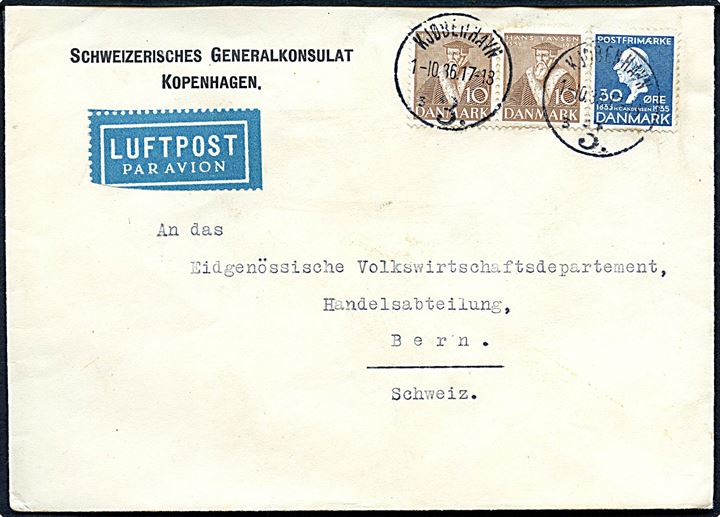 10 øre Tavsen (par) og 30 øre H. C. Andersen på fortrykt kuvert Schweizerisches Generalkonsulat Kopenhagen sendt som luftpost fra Kjøbenhavn d. 1.10.1936 til Bern, Schweiz.