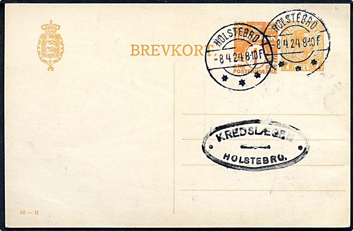 7 øre + 1 øre Provisorisk helsagsbrevkort (fabr. 56-H) sendt lokalt i Holstebro d. 8.4.1924.