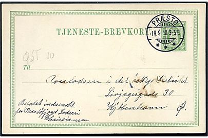 5 øre helsags tjenestebrevkort påskrevet Befalet Indberetning fra Præstøfjord Lodseri stemplet Præstø d. 19.9.1910 til Kjøbenhavn.