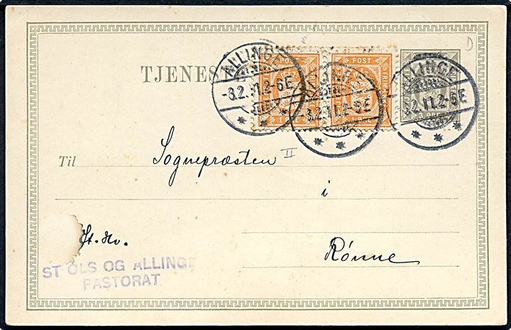 3 øre Tjenestebrevkort opfrankeret med 1 øre Tjenestemærke i parstykke fra St. Ols og Allinge Pastorat fra Allinge d. 8.2.1911 til Sognepræsten i Rønne.