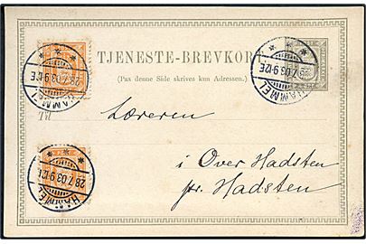 3 øre Tjenestebrevkort opfrankeret med 1 øre Tjenestemærke (2) fra Frijsenborg Lægedistrikt i Hammel d. 28.7.1903 til Over Hadsten pr. Hadsten. 