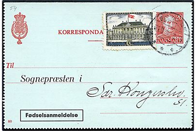 20 øre Chr. X helsags korrespondancekort (fabr. 80) med tiltrykt Fødselsanmeldelse med Chr. X mærkat annulleret med svagt stempel i Gudumholm d. 24.9.1944 til Sdr. Kongerslev.