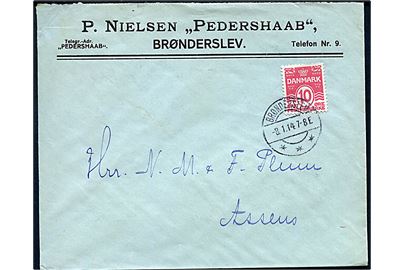 10 øre Bølgelinie på illustreret firmakuvert fra Pedershaab i Brønderslev d. 8.1.1914 til Assens.