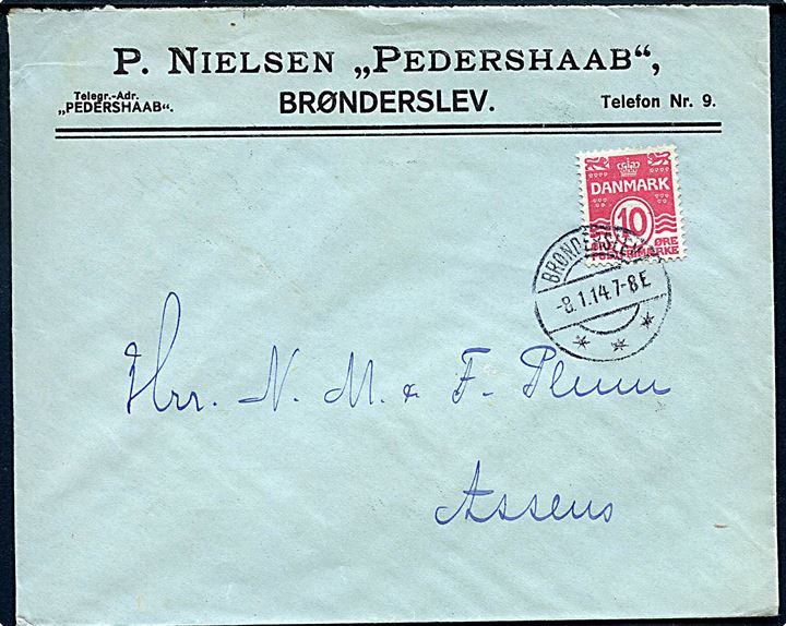 10 øre Bølgelinie på illustreret firmakuvert fra Pedershaab i Brønderslev d. 8.1.1914 til Assens.