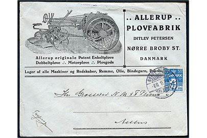 4 øre Bølgelinie på illustreret firmakuvert fra Allerup Plovfabrik sendt som tryksag fra Nørre Broby d. 6.10.1916 til Assens.