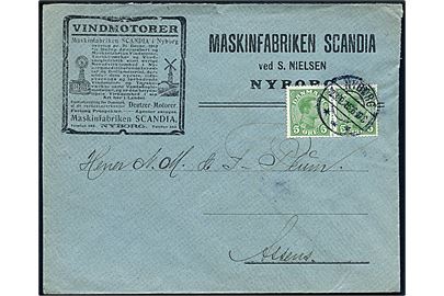 5 øre Chr. X i parstykke på illustreret firmakuvert fra Maskinfabriken Scandia i Nyborg d. 23.9.1915 til Assens.