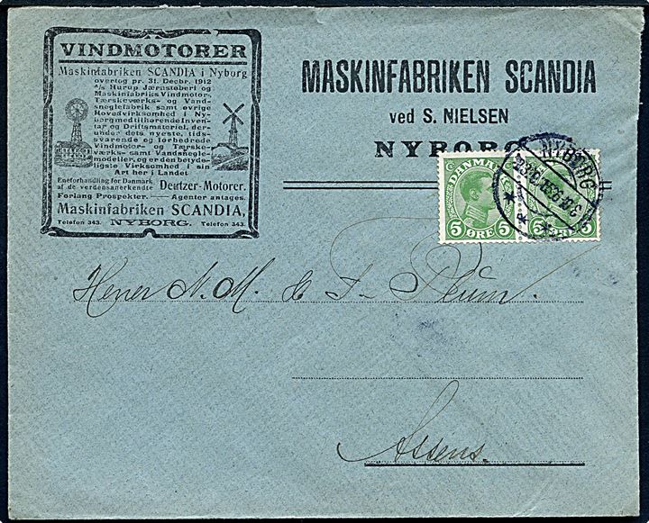 5 øre Chr. X i parstykke på illustreret firmakuvert fra Maskinfabriken Scandia i Nyborg d. 23.9.1915 til Assens.