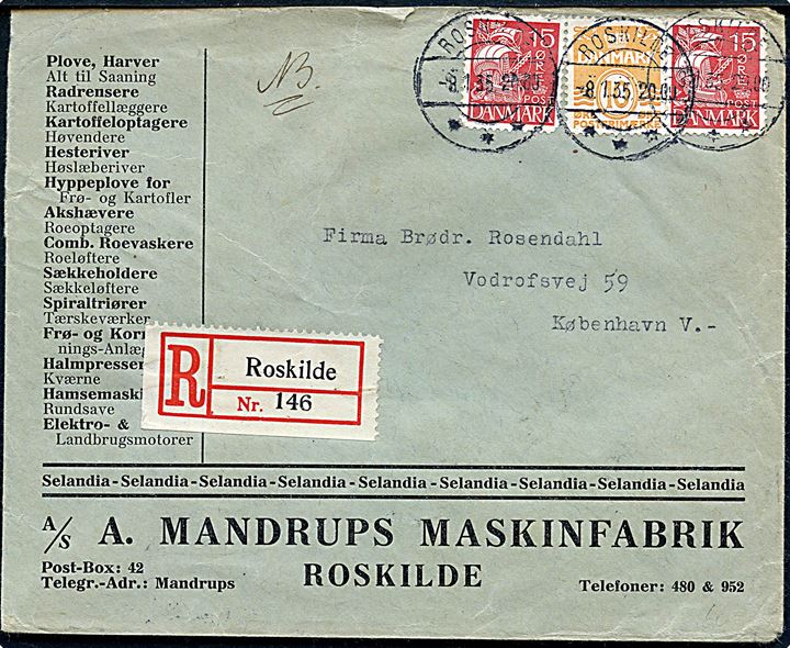 10 øre Bølgelinie og 15 øre Karavel (2) på illustreret firmakuvert fra A/S A. Mandrups Maskinfabrik sendt anbefalet fra Roskilde d. 8.1.1935 til København.