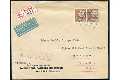 1 kr. Rigsvåben i parstykke på anbefalet luftpostbrev fra Randers d. 27.7.1950 via New York til Sidney, Ohio, USA.