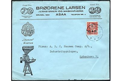 30+10 øre Hollandshjælpen provisorium på illustreret firmakuvert fra Brødrene Larsen Jernstøberi og Maskinfabrik i Asaa d. 18.2.1953 til København. Sorte ombæringskontrolstreger.