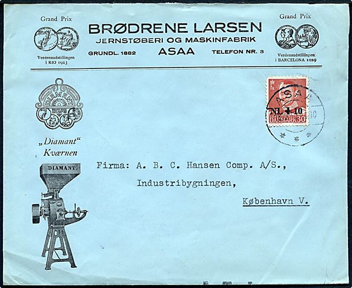30+10 øre Hollandshjælpen provisorium på illustreret firmakuvert fra Brødrene Larsen Jernstøberi og Maskinfabrik i Asaa d. 18.2.1953 til København. Sorte ombæringskontrolstreger.